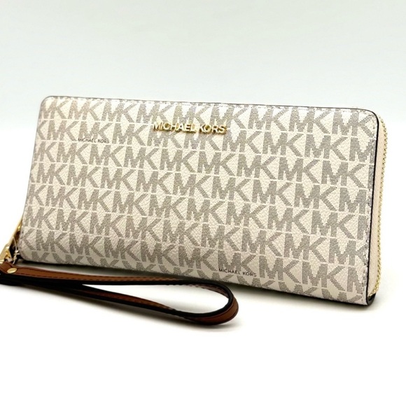 Michael Kors Large Travel Continental Wallet Wristlet Vanilla/Brown - Picture 1 of 9